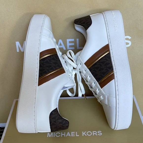 Michael Kors Poppy Stripe Lace Up Nappa Faux Leather WMNS Optic White/Brown - Picture 14 of 16